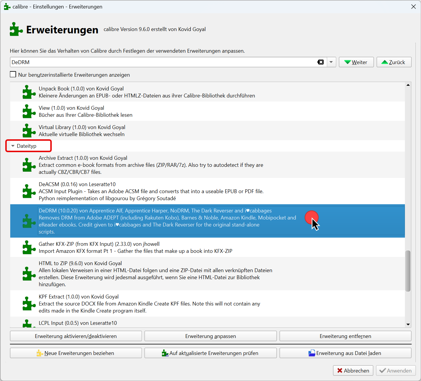 Installieren Sie DeDRM_plugin.zip