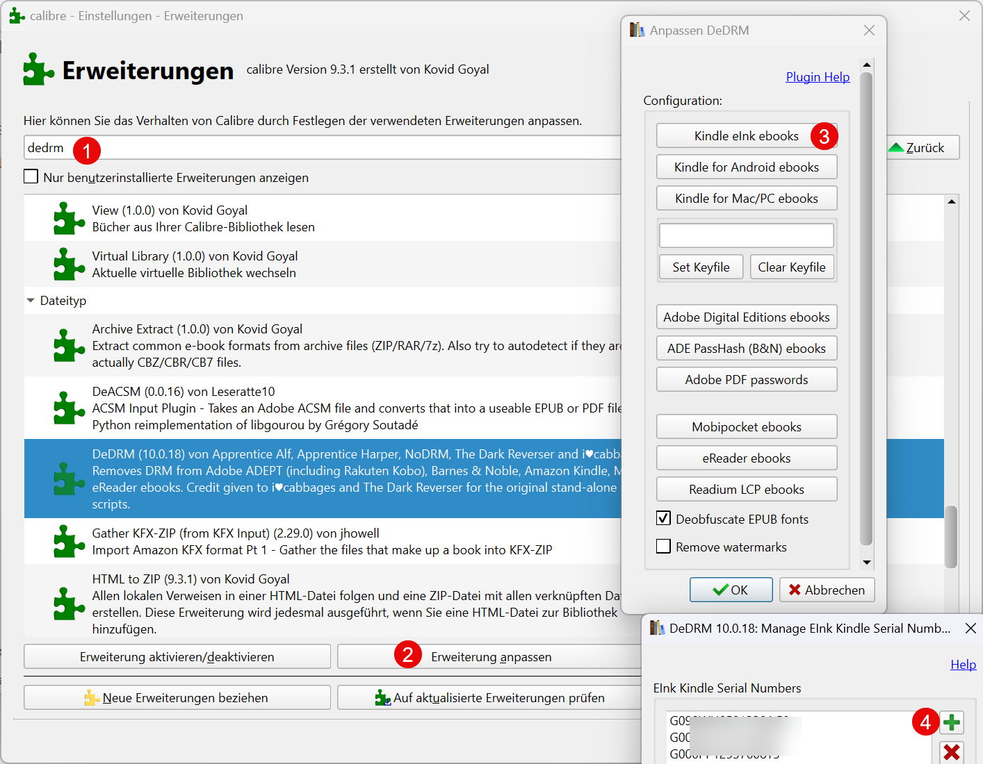 DeDRM-Plugin für Kindle KSN konfigurieren